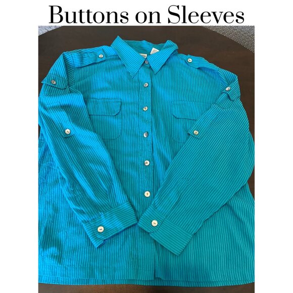 EUC Chico's Teal striped button down shirt ladies front pockets roll up sleeves - Picture 3 of 9